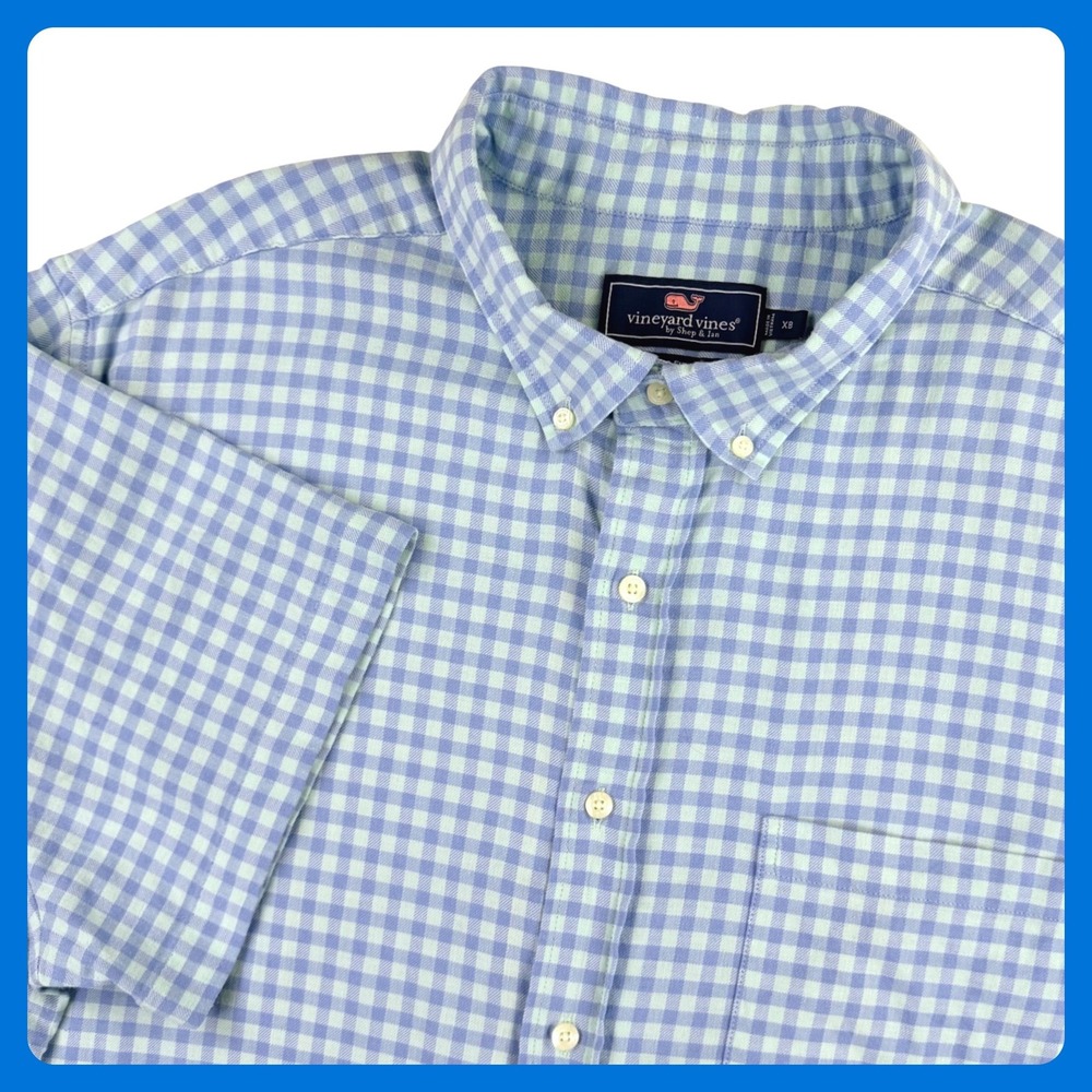 Vineyard Vines Classic Shirt Men XB Blue‎ Mint Gingham Linen Blend Short Sleeve